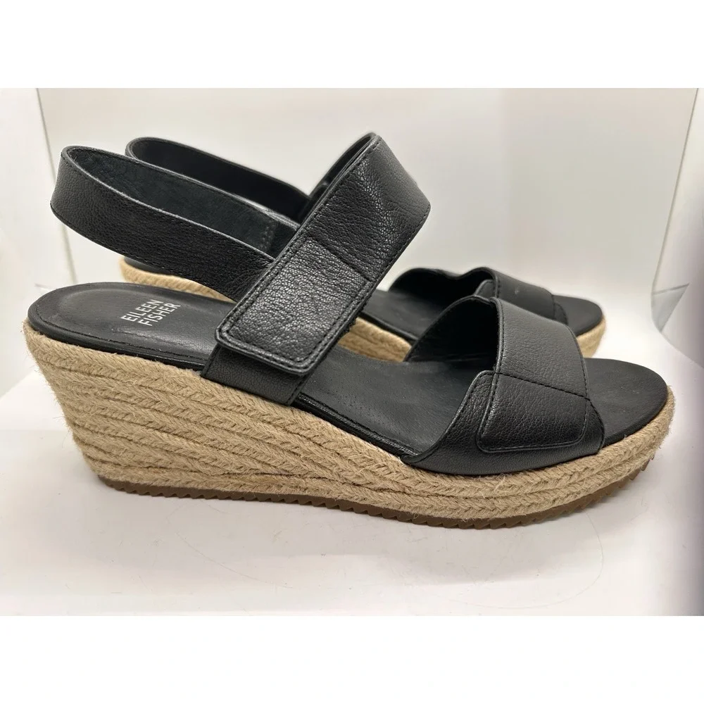 Eileen Fisher Winnie Black Leather Espadrille Wedge Platform Sandals Size 9‎